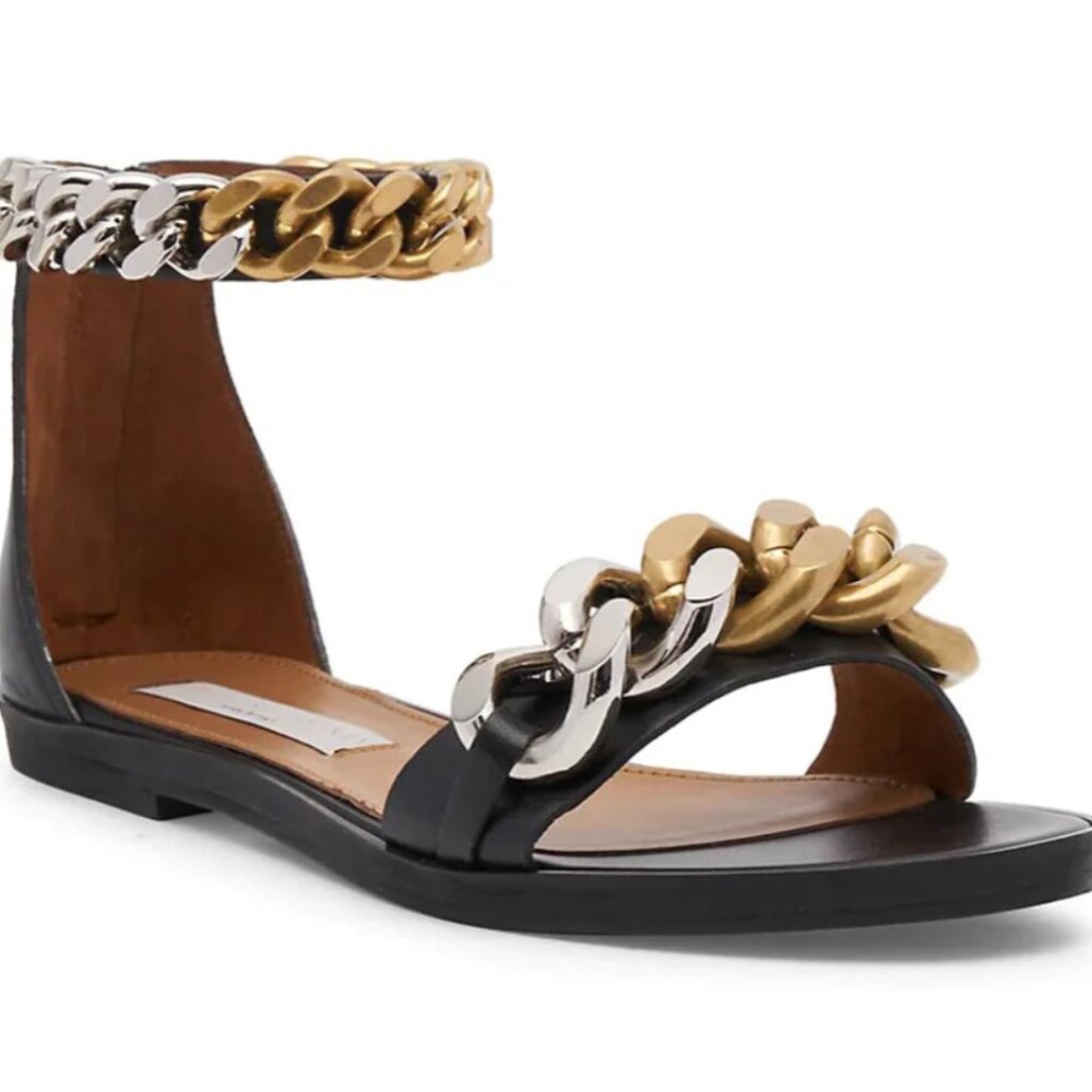 Stella McCartney Black Sandals with Gold and Silver Chain Detail